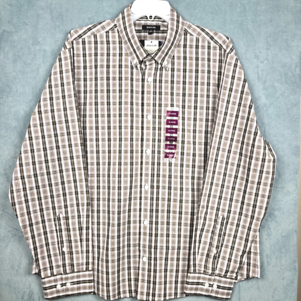 Haggar Mens XL Khaki Plaid Long Sleeve Button Down Shirt HW00669 251 NEW